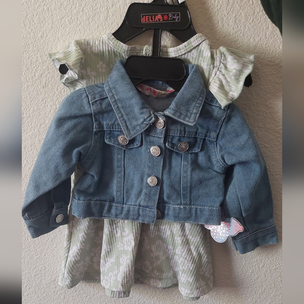 Denim Jacket with Green Dress Set 2 Piece Set